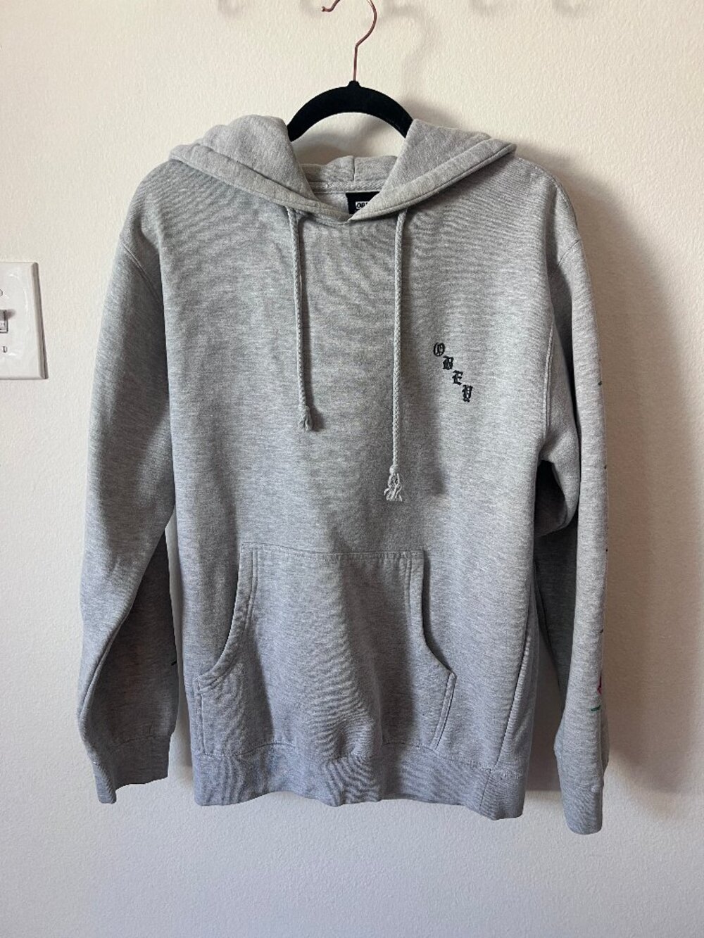 Obey Rose Sleeve Pullover Hoodie Gray Men's Small Streetwear Graphic Sweatshirt